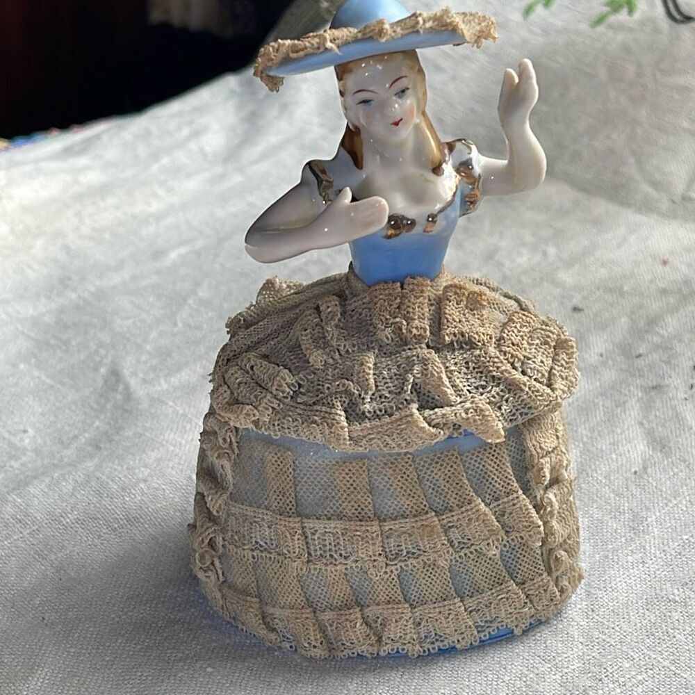 Vintage Victorian trinket box starched lace figurine  porcelain